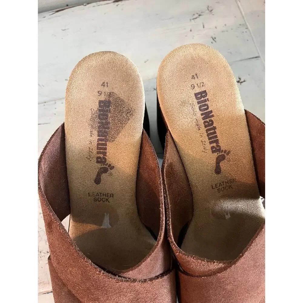 Bionatura Italy Brown Suede Platform Mule Sandals Chunky Heel EU 41 US 9.5